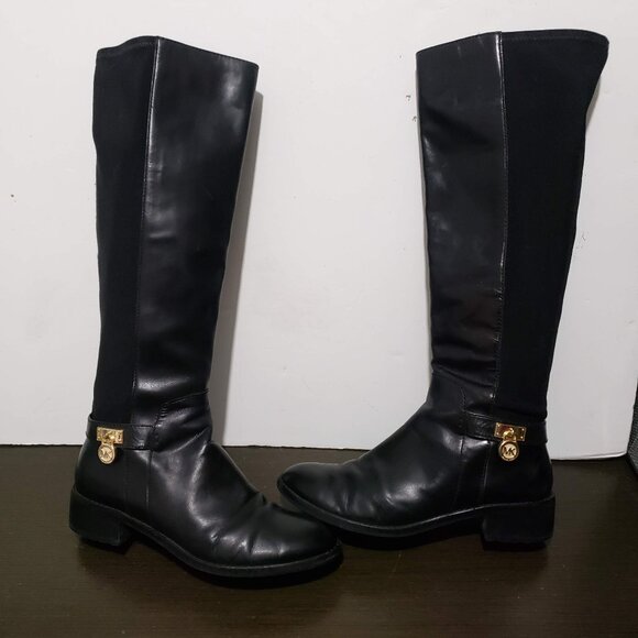 MICHAEL Michael Kors Hamilton Black Leather Stretch Zip Boots Gold Logo 7,5M - Picture 1 of 16